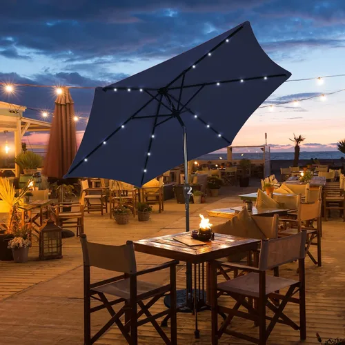 Miniatura 2 de Tangkula Sombrilla solar de patio de 10 pies, sombrilla de mercado de mesa al aire libre con 24 luces LED, ajuste de inclinación, mango de manivela