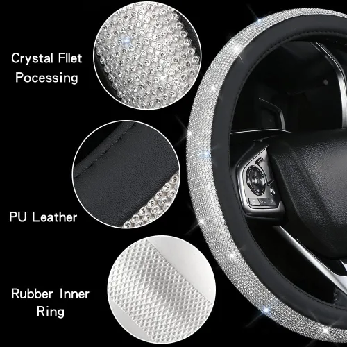 Miniatura 4 de Funda de volante de cuero con diamantes brillantes, fundas de volante rosas para mujeres y niñas con diamantes de imitación de cristal, accesorios