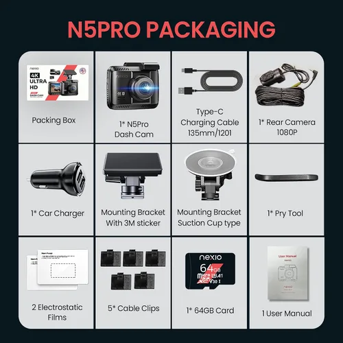 Miniatura 8 de NEXIO N5Pro 4K Dual Dash Cam frontal y trasera, transferencia rápida WiFi 6, tarjeta gratuita de 64 GB, GPS, alertas de seguridad ADAS, visión
