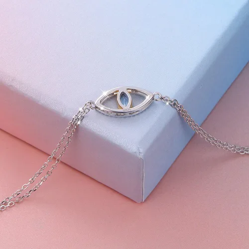 Miniatura 5 de Brazalete con cadena doble, con dije para mal de ojo, de plata de ley 925 y circonio cúbico, para mujer.