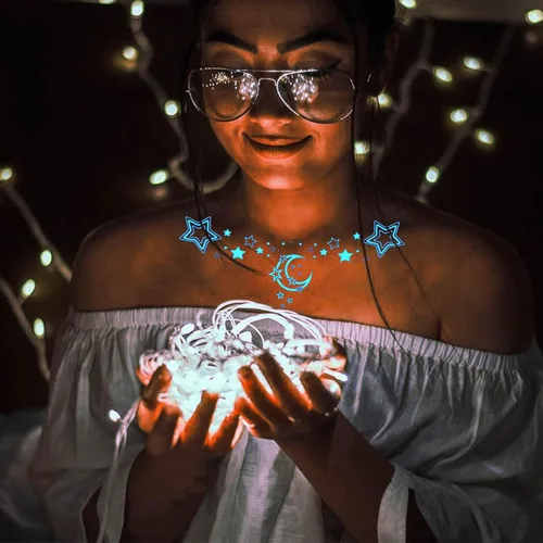 Miniatura 6 de Tatuajes Temporales de Estrella Luminosa Azul y Luna Creciente para Mujeres Clavícula Niñas Adultos Cuello, 4 Hojas Mariposa Planeta Encaje Sexy
