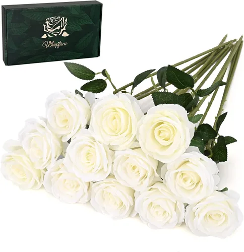 Miniatura 12 de Waipfaru 20 rosas blancas falsas de aliento de bebé, flores artificiales a granel, rosa blanca de seda con tallos largos para ramo de boda, jarrón