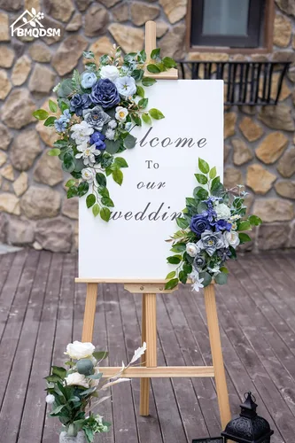 Miniatura 2 de Letreros florales de bienvenida de boda (paquete de 2), flores de arco de boda para decoración de boda y decoración de fondo de recepción (azul)