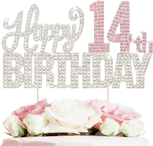 Miniatura 22 de Decoración de pastel de diamantes de imitación rosa y plateado con texto en inglés "Cheers to 11 Years Old Eleven Bday" de metal brillante
