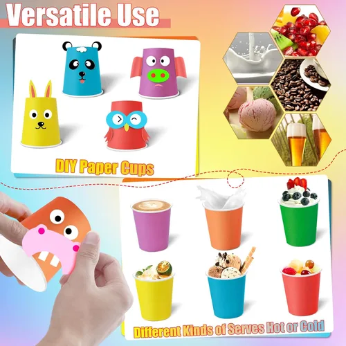 Miniatura 4 de KesaPlan 60 vasos de papel desechables de 9 onzas, vasos de plástico para fiestas, vasos de papel arcoíris, 6 colores para bebidas frías calientes