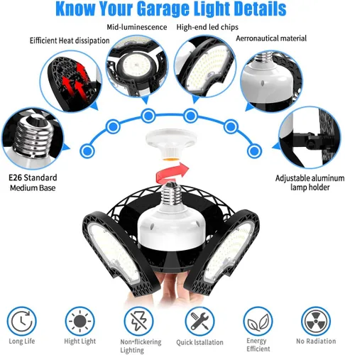 Miniatura 3 de Luces LED de garaje, 80 W, LED deformable, luces de techo 12000 LM, CRI 80 LED, Luces de Tienda para Garaje, Luces de Garaje con 3 paneles