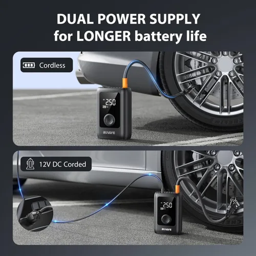 Miniatura 4 de BUVAYE Inflador de neumáticos, compresor de aire portátil, bomba de aire portátil de 150 PSI, bomba de aire inalámbrica de 12 V CC con indicador
