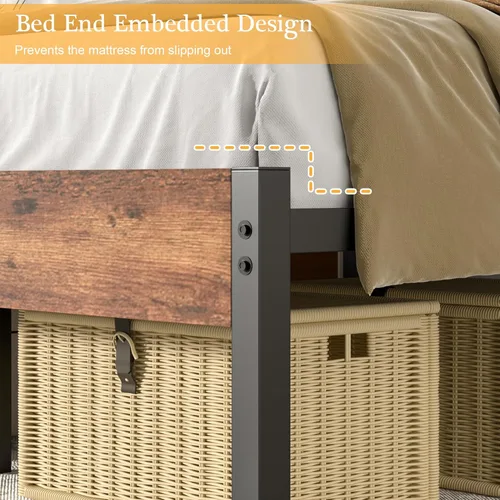 Miniatura 8 de VECELO Base de cama tamaño individual, plataforma de metal resistente con cabecera de madera, no necesita somier, color marrón antiguo