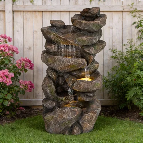 Miniatura 13 de Ferrisland Fuente de agua de 5 niveles con tronco de árbol, fuente grande con luces LED y bomba, 39.8" de alto, fuente independiente