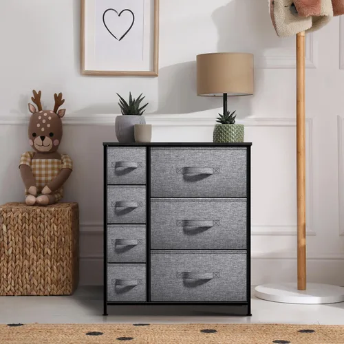 Miniatura 6 de Sorbus - Cómoda con 7 cajones: mueble organizador en torre con marco de acero, parte superior de madera, contenedores de tela fáciles de jalar