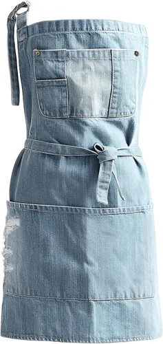 Denim Apron With 5 Pockets for Kitchens,Hairstylist Aprons for Women Men,Adjustable Bib Jean Apron for Arts Cafe Work Azul claro