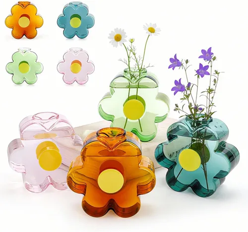 Covzoe Paquete de 4 pequeños jarrones de cristal, coloridos jarrones únicos en forma de flores, bonitos jarrones de cristal para centros de mesa,