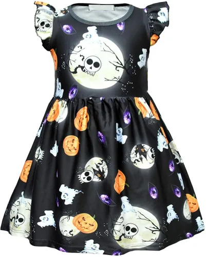 Mini vestido de Halloween para niñas pequeñas, con volantes y manga corta, estampado de calabaza, acampanado, mini vestido de falda para otoño