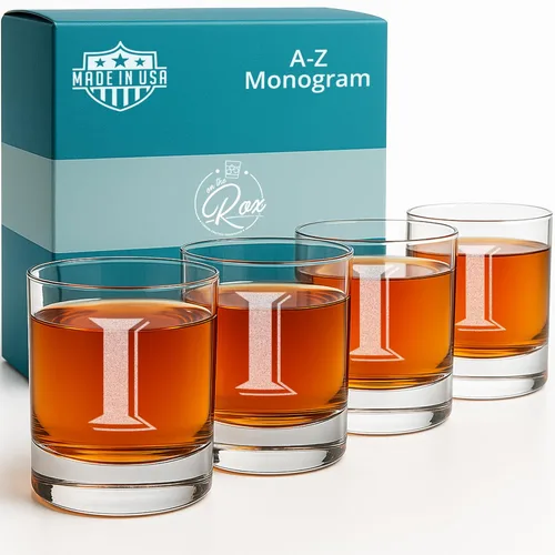 Miniatura 14 de On The Rox Drinks Juego de 4 vasos de vidrio grabados con monograma B, 11 onzas