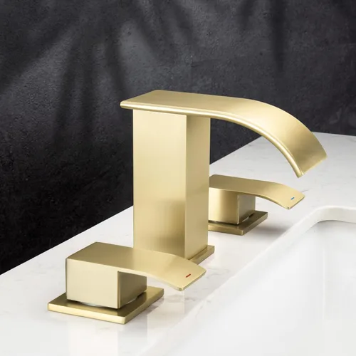 Miniatura 8 de Grifo de baño de cascada de oro cepillado de 8 pulgadas, grifos de baño para fregadero de 3 agujeros, grifo de lavabo de baño generalizado 2 asas