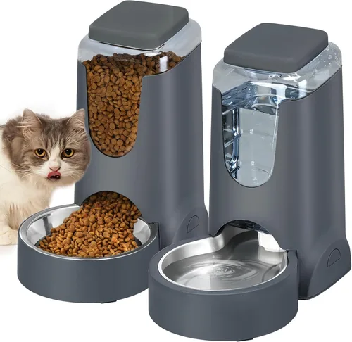 Comedero y dispensador de agua automático para gatos con cuenco de acero inoxidable, comedero por gravedad para perros y bebedero para mascotas Gris