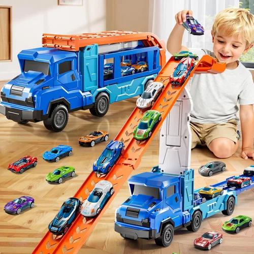 Juego de camiones y coches para niños de 3, 4, 5, 6, 7, 8 años, juego de camiones transportadores con pista de 12 coches fundidos a presión,