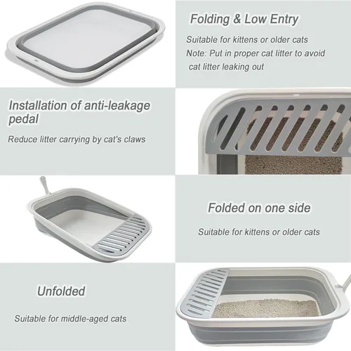 Miniatura 5 de Caja de arena plegable pequeña para gatos, bandeja de orinal abierta para gatitos con cuchara, inodoro para gatos con pedal antisalpicaduras
