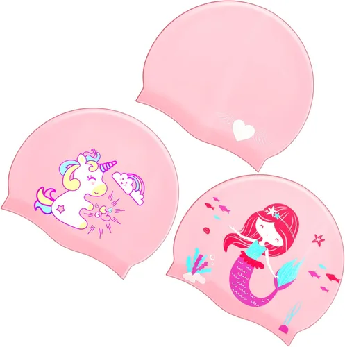 Miniatura 8 de Sintuff 3 Pcs Kids Swim Caps Toddlers Swimming Caps Silicone Swim Cap for Boys Girls (Age 4-12) Baby Waterproof Cartoon Bathing Hats for Long and