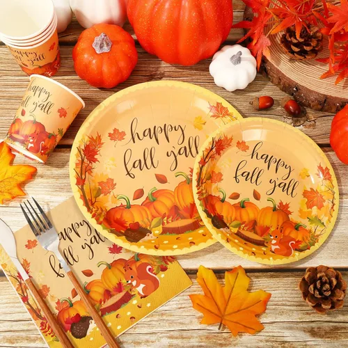 Miniatura 3 de Whaline Juego de vajilla de otoño de 100 piezas para 25 invitados, juego de vajilla desechable de calabaza colorida con hojas de otoño, platos