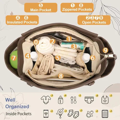 Miniatura 5 de Miss Fong Bolso de pañales de cuero con diseño a cuadros, mochila de gran capacidad para mamá, bolso hospitalario, con 12 bolsillos, bolso de viaje