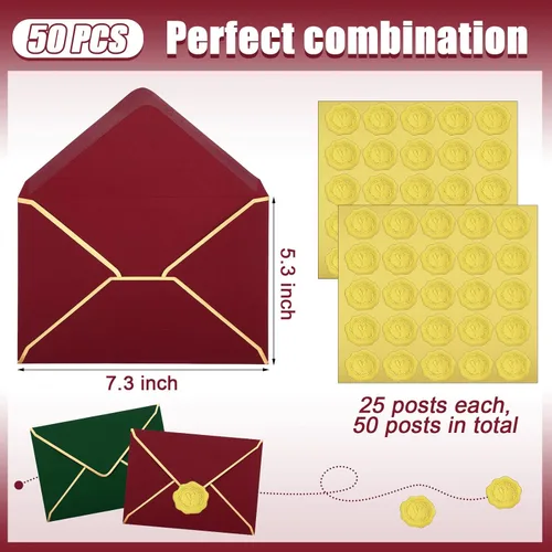 Miniatura 2 de 50 piezas de sobres A7 5 x 7 sobres para tarjetas con solapa en V y borde dorado para tarjetas de invitación de boda, graduación, baby shower, Verde