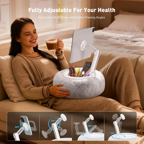 Miniatura 5 de AboveTEK Soporte de almohada Kindle, soporte magnético para iPad para cama con cuenco de aperitivo, almohada suave ajustable de 360° para leer, Gris