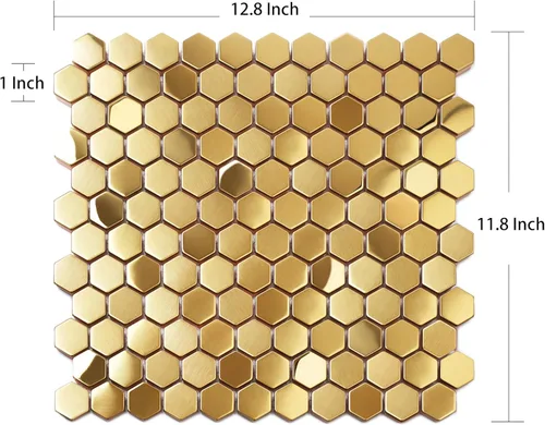 Miniatura 4 de Blujellyfish Azulejos de Backsplash Hexagonales Dorados de Metal Azulejos de Mosaico de Acero Inoxidable Cepillado/Brillante Cocina Baño Backsplash