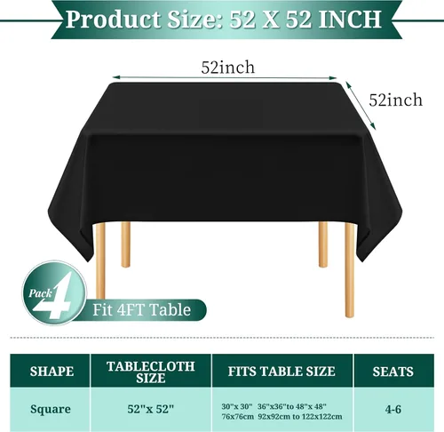 Miniatura 2 de Paquete de 4 manteles cuadrados color negro, 52 x 52 pulgadas, mantel de poliéster negro para mesas cuadradas pequeñas, mantel lavable resistente a