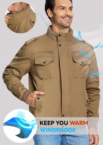 Miniatura 3 de EKLENTSON Chaqueta térmica gruesa de invierno para hombre con múltiples bolsillos con cremallera frontal forro polar chaqueta militar para hombre