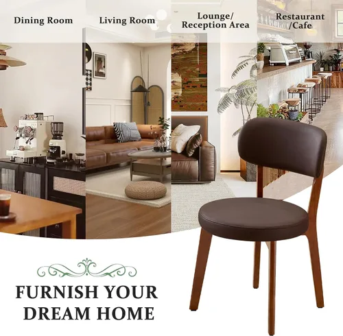 Miniatura 8 de Furniliving Juego de 4 sillas de comedor de madera de roble, sillas de cocina tapizadas de cuero moderno de mediados de siglo con madera maciza