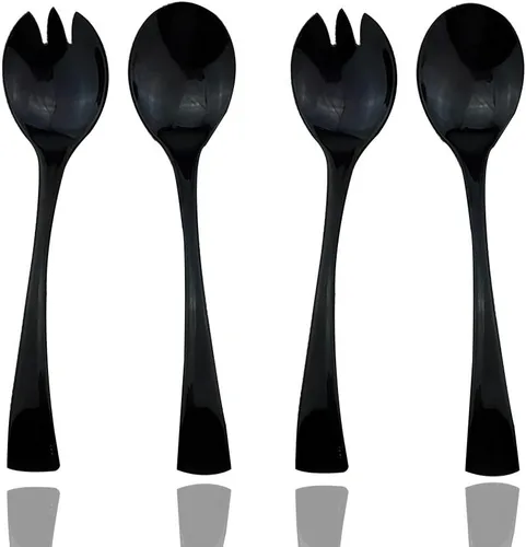 JASHII Juego de utensilios de cocina negro pulido con espejo de acero inoxidable 18/10, 2 tenedores de ensalada y 2 cucharas para ensalada Tenedor