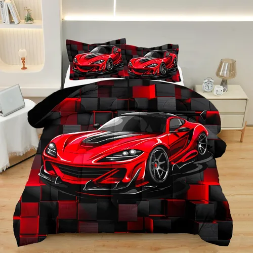 Miniatura 12 de Juego de Ropa de Cama Individual para Niños con Coches de Carrera, Juego de Edredón de Tamaño Individual con Coche Deportivo Azul para Niños, Juego
