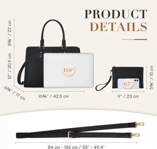 Miniatura 6 de ECOSUSI Bolsa de mano para laptop de 15.6 pulgadas, maletín de hombro de trabajo, mensajero para computadora con bolso de mano de embrague y juego