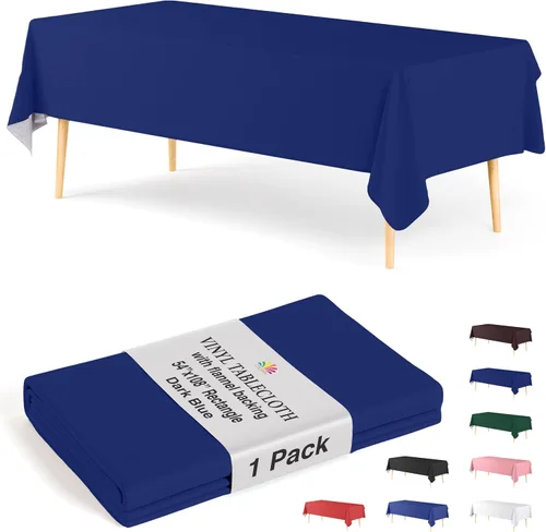 Miniatura 23 de Exquisite Manteles de vinilo azul de 54 x 70 pulgadas - Paquete de 3 manteles rectangulares con reverso de franela, plástico, reutilizable e