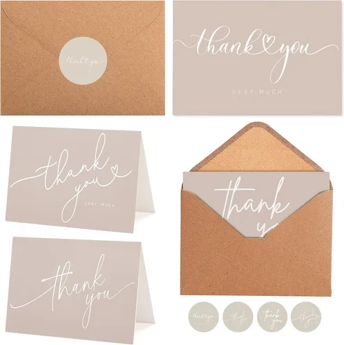 100 tarjetas de agradecimiento a granel color caqui con sobres de kraft y pegatinas - 4 diseños minimalistas, tarjetas de agradecimiento en blanco