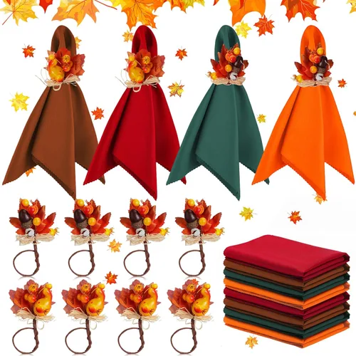 Juego de 16 servilleteros de Acción de Gracias, 8 servilleteros y 8 servilletas lavables de Acción de Gracias para fiestas de otoño, vacaciones,