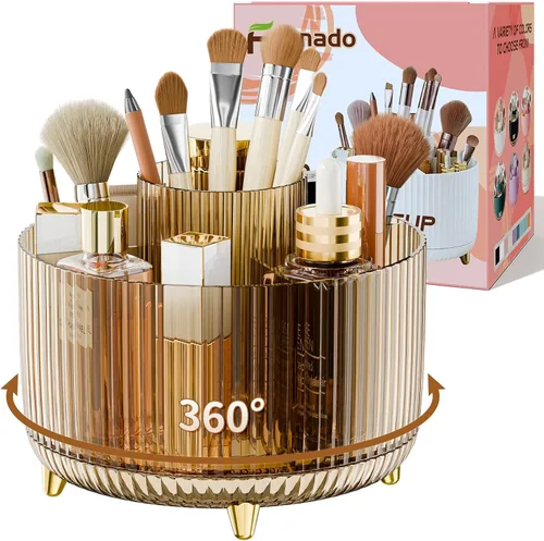 Organizador de maquillaje giratorio transparente para tocador, organizador de brochas de maquillaje de 360° con 5 compartimentos, almacenamiento