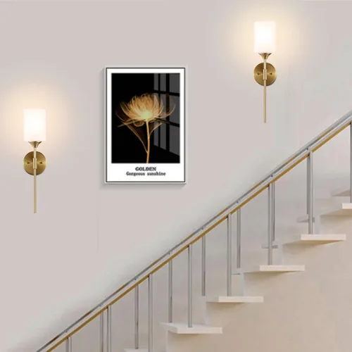 Miniatura 8 de BYOLIIMA Juego de 2 apliques de pared dorados con pantallas cilíndricas blancas de vidrio, luminarias modernas de pared para tocador de baño