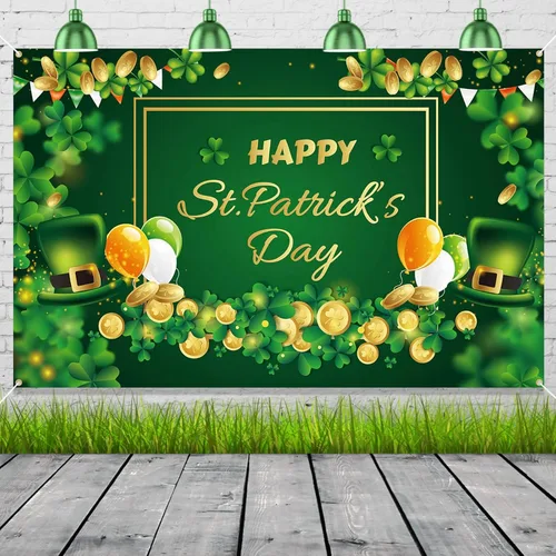 Decoraciones de pancarta de feliz día de San Patricio, telón de fondo del día de San Patricio de 71 x 45 pulgadas con diseño de trébol de la suerte