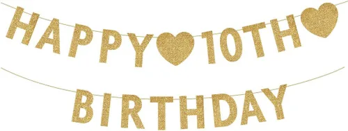 Cartel dorado de feliz cumpleaños número 10, decoración de fiesta de niño o niña de 10 años con purpurina