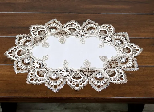 Miniatura 4 de LINENS ART AND THINGS - Mantel individual de encaje, color cacao, tierra y jacquard blanco, diseño europeo de pavo real