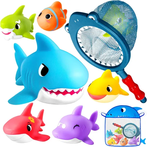 Juguetes de baño sin agujeros para niños, juego de juguetes de baño de tiburón con red de baño y almacenamiento, juguetes flotantes para ducha de