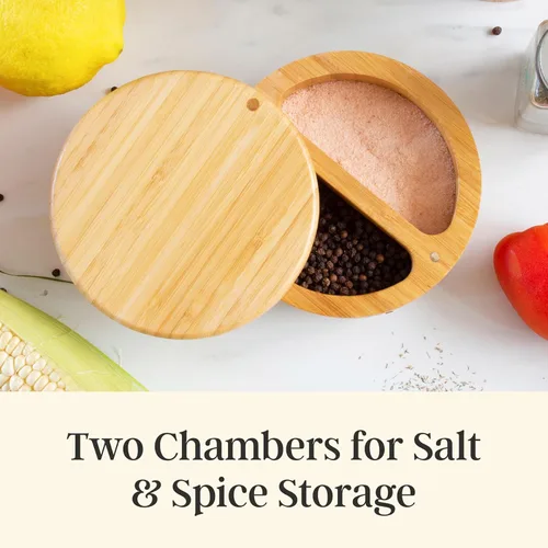 Miniatura 5 de Totally Bamboo Salt Keeper Duet - Salero de bambú con compartimentos duales para sal y pimienta o especias, tapas giratorias magnéticas, caja de sal