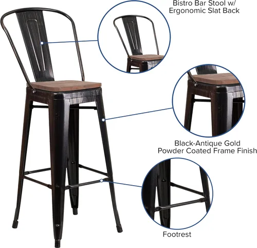 Miniatura 5 de Merrick Lane Amsterdam Taburete de bar – Silla de bar de metal negro antiguo con asiento de madera – Taburete de cocina con respaldo curvado