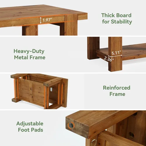 Miniatura 7 de Mesa de centro de madera maciza con estante de almacenamiento de 2 niveles, mesa central rectangular de granja de 47.2 pulgadas para sala de estar