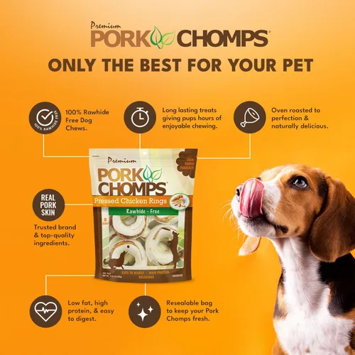 Miniatura 3 de Pork Chomps Masticables de piel de cerdo prensada para perros, anillos de 2.5 pulgadas, pollo real, 8 unidades, paquete de 1 – Golosinas de larga