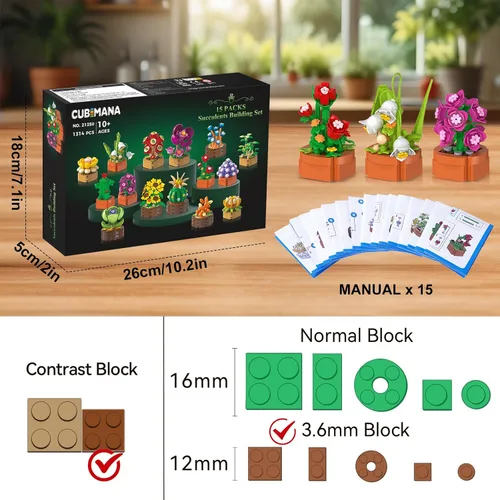 Miniatura 5 de CUBIMANA Paquete de 15 mini construcción de flores y plantas, colección botánica de flores, juguete de bloque de 0.142 in para decoración de oficina