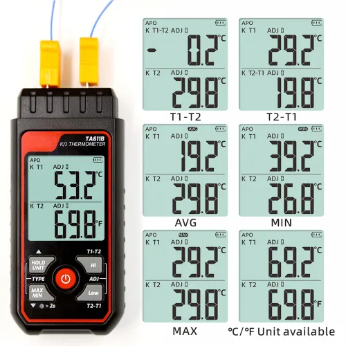 Miniatura 3 de Termómetro de termopar digital de doble canal tipo K/J - 328 ~ 2501 ℉ Medidor de temperatura industrial HVAC con 4 sondas de termopar tipo K