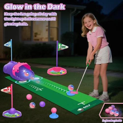 Miniatura 2 de TERRAMUS Juego de golf para niños con dinosaurio de retorno automático de golf, bolas de golf nocturnas con luz LED, 3 palos, alfombra de putt, 3-8